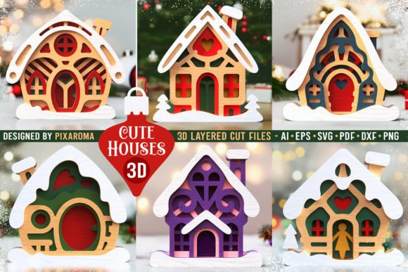 Cute Houses Bundle 3D Layered SVG for Winter Amp Projects