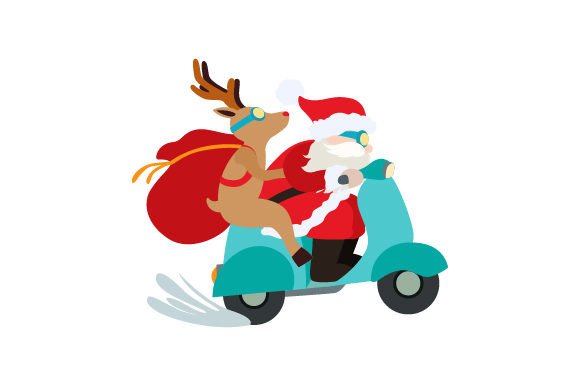 Santa and Reindeer on a Moped Stuck in Traffic Jam